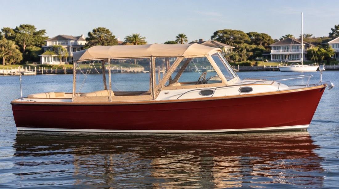 Burgundy hulled electric harbour cruiser on calm harbour water