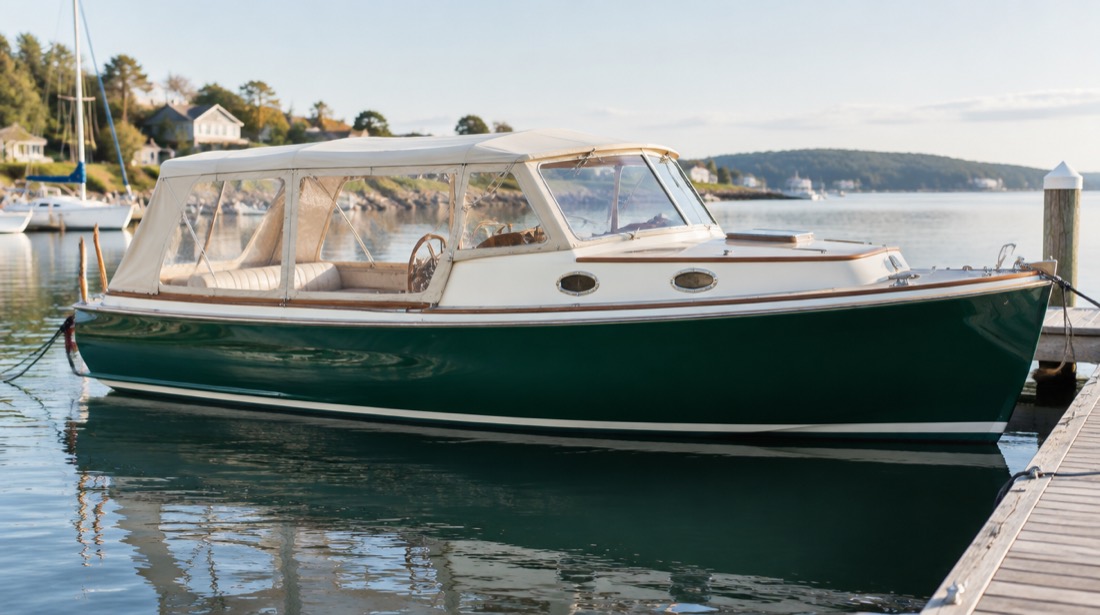 Green hulled electric harbour cruiser alongside a wooden dock