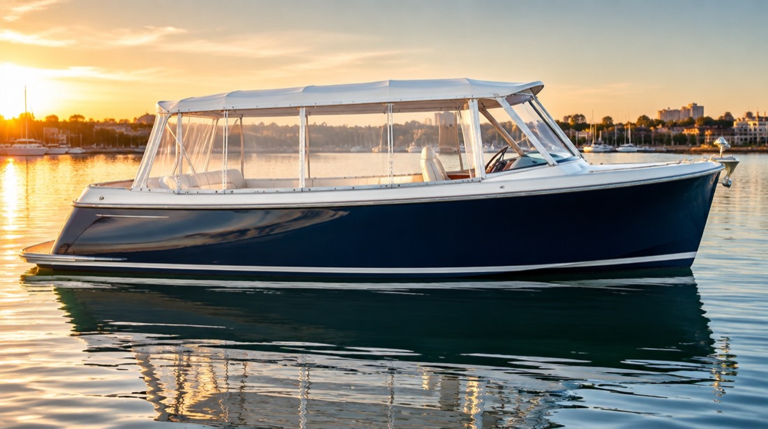 Late model navy electric harbour cruiser with clear side curtains on glassy water