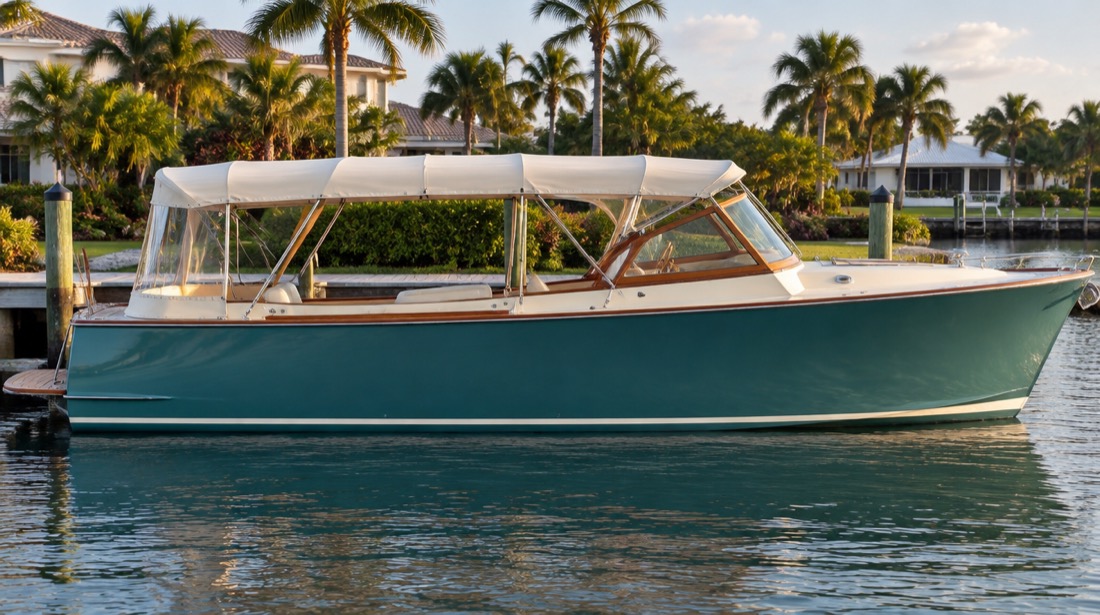 Teal hulled electric harbour cruiser moored in a palm lined channel