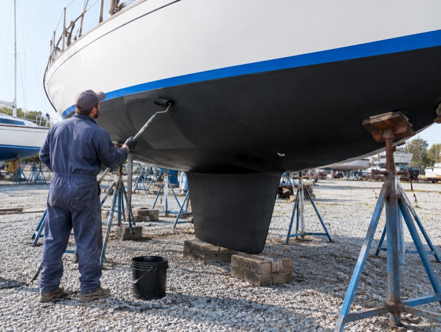 A boat hull on stands getting fresh antifouling bottom paint