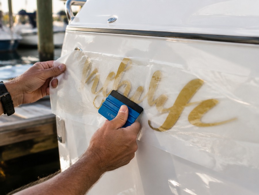 A gold vinyl boat name and hailing port being applied to a transom