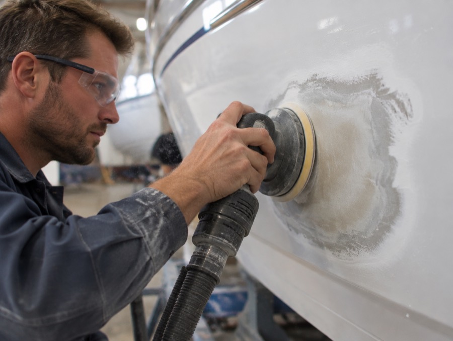 Fiberglass and gelcoat repair being made to a boat hull