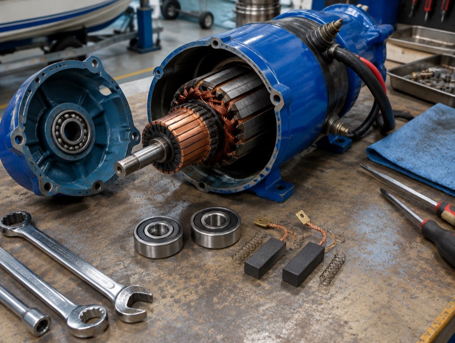 A Duffy electric drive motor opened up on the bench for overhaul