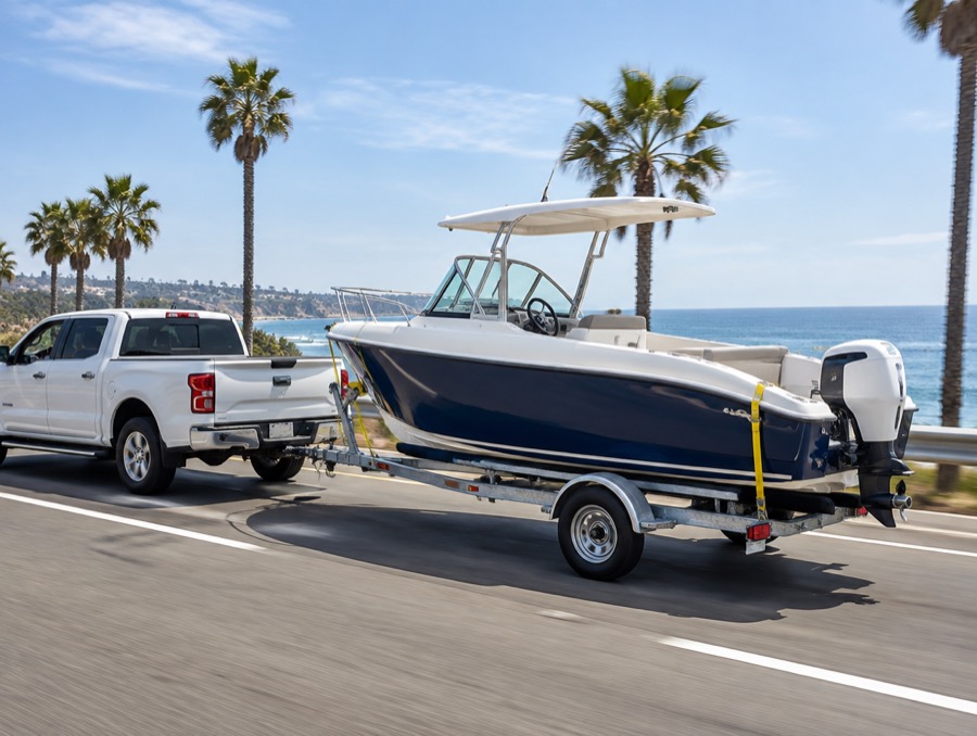 A Duffy boat strapped to a trailer being towed along the coast